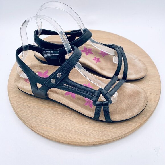 Abeo Sandals Womens 9 N Black Leather Ankle Strap Flats Peep - Picture 1 of 11